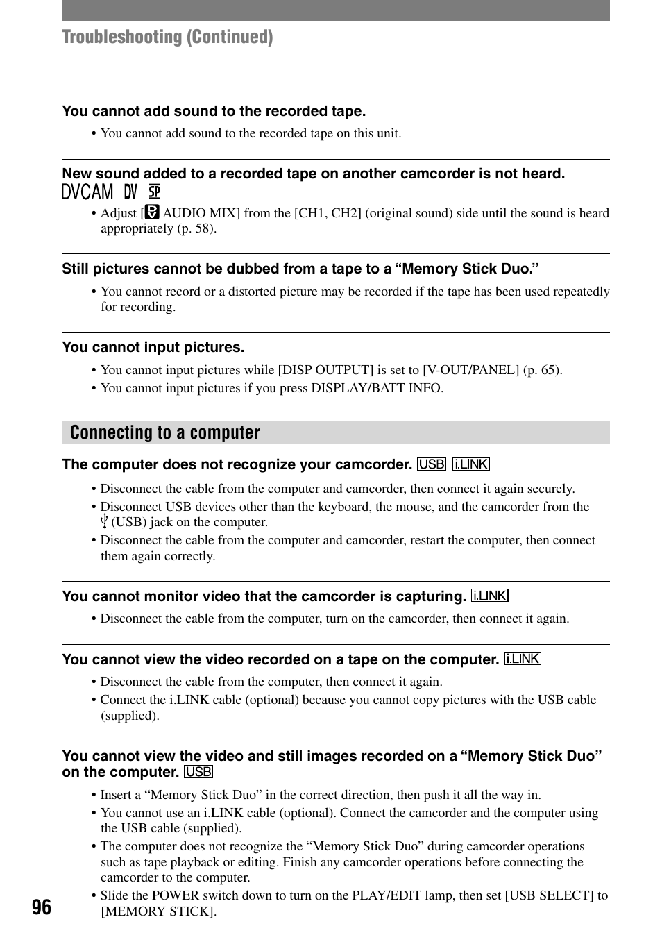 Connecting to a computer, Troubleshooting (continued) | Sony HVR-A1N User Manual | Page 96 / 128