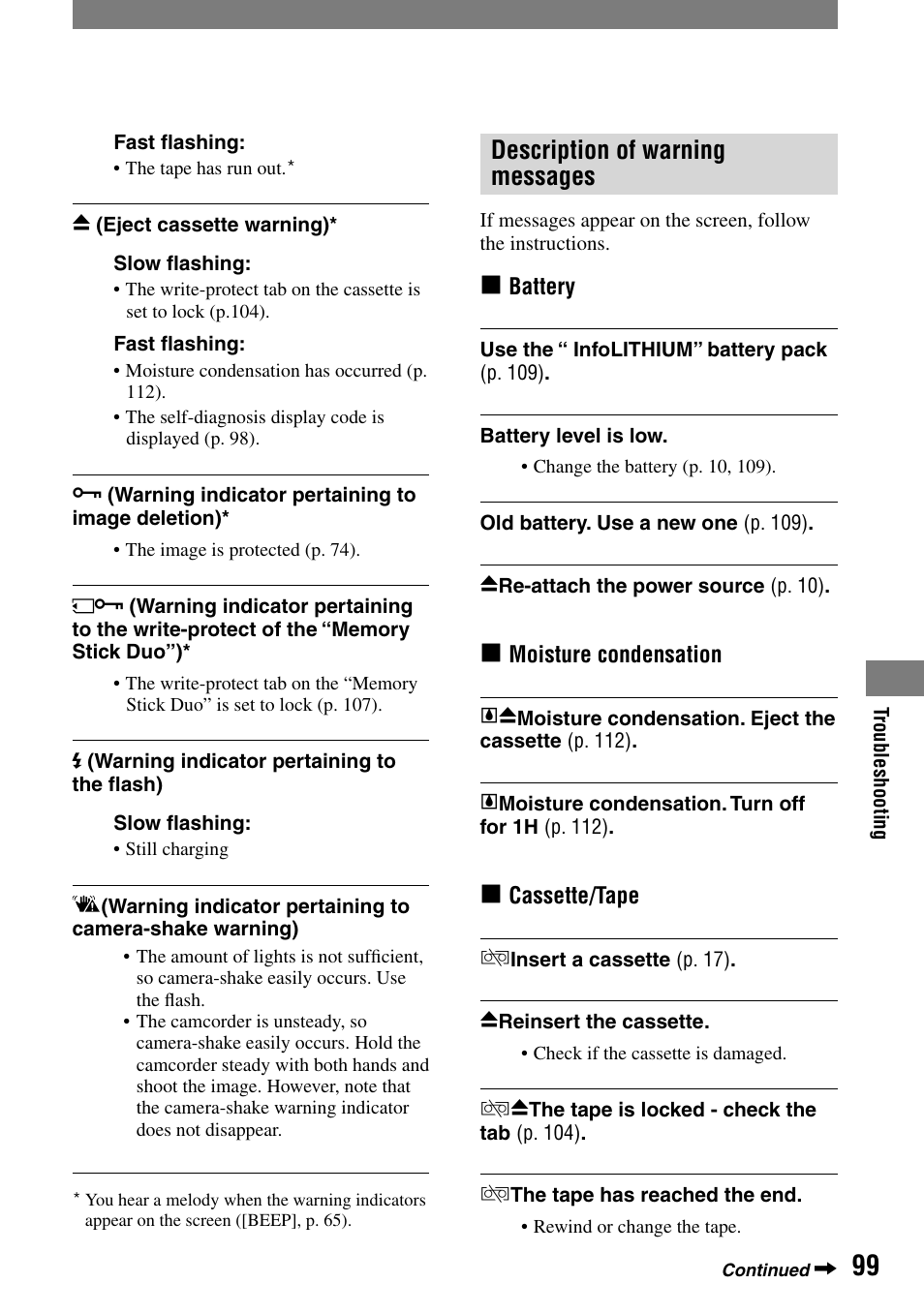 Description of warning messages | Sony HVR-A1N User Manual | Page 99 / 128