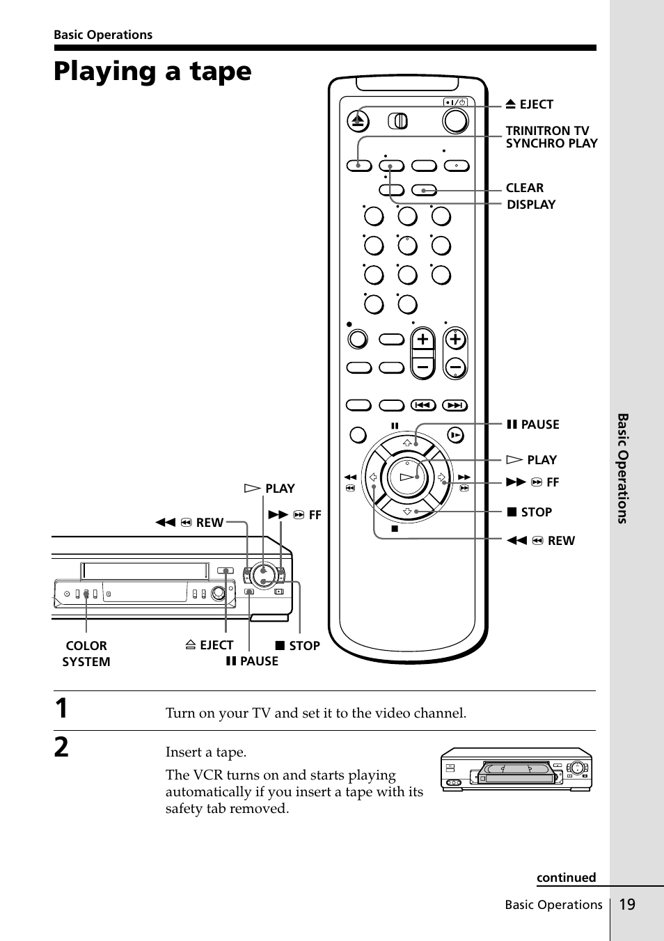 Basic operations, Playing a tape, 19 playing a tape | Sony SLV-ED88ME User Manual | Page 19 / 60