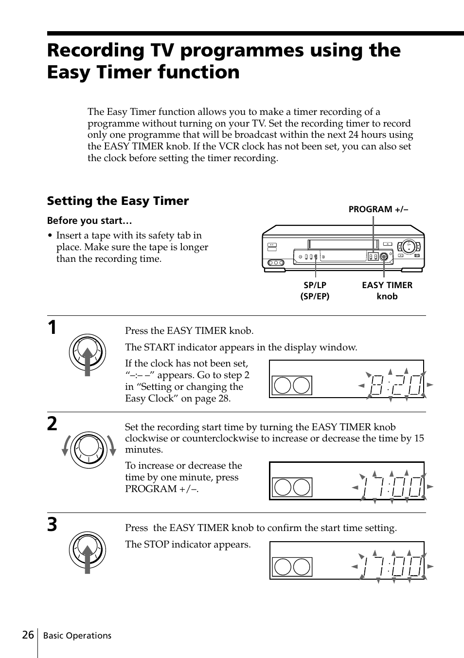 26 recording tv programmes using, The easy timer function, Setting the easy timer | Sony SLV-ED88ME User Manual | Page 26 / 60