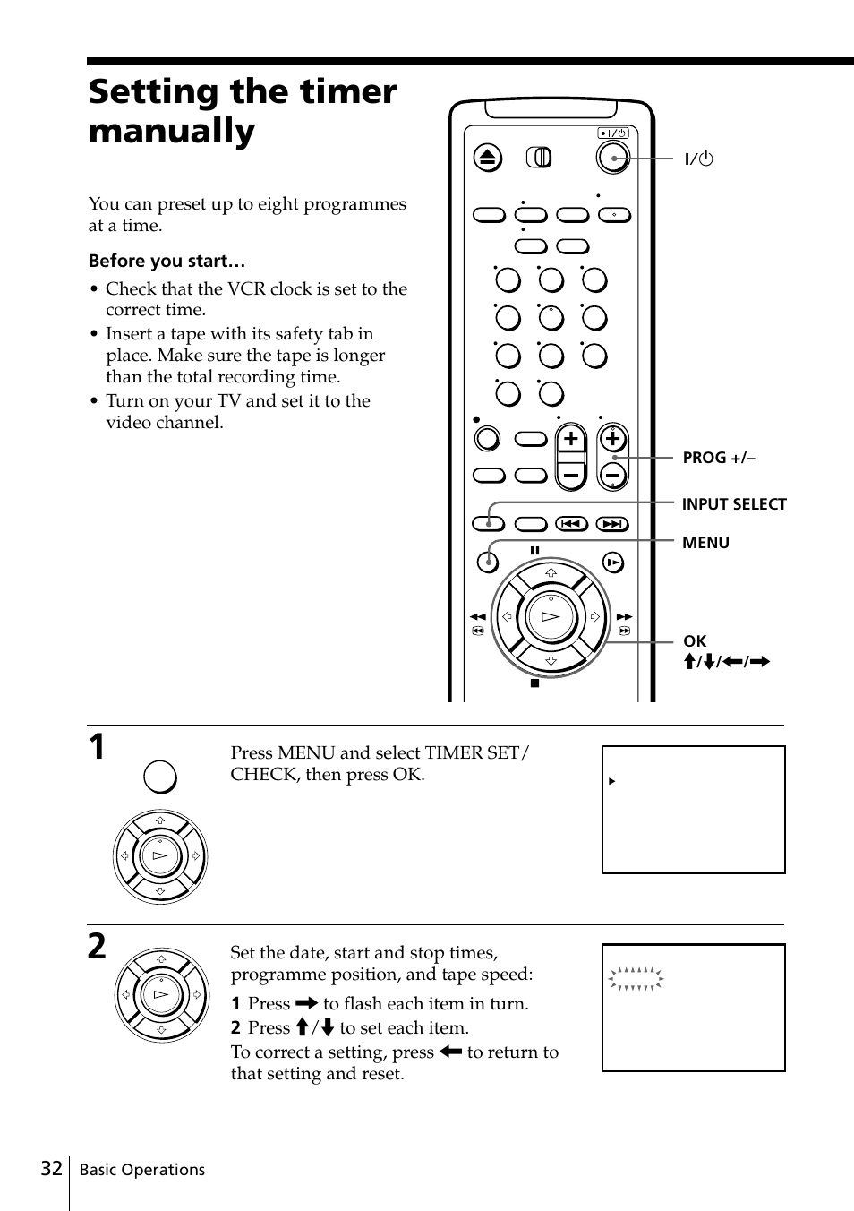 Setting the timer manually, 32 setting the timer manually, Basic operations | Input select menu ok m / m, Prog | Sony SLV-ED88ME User Manual | Page 32 / 60