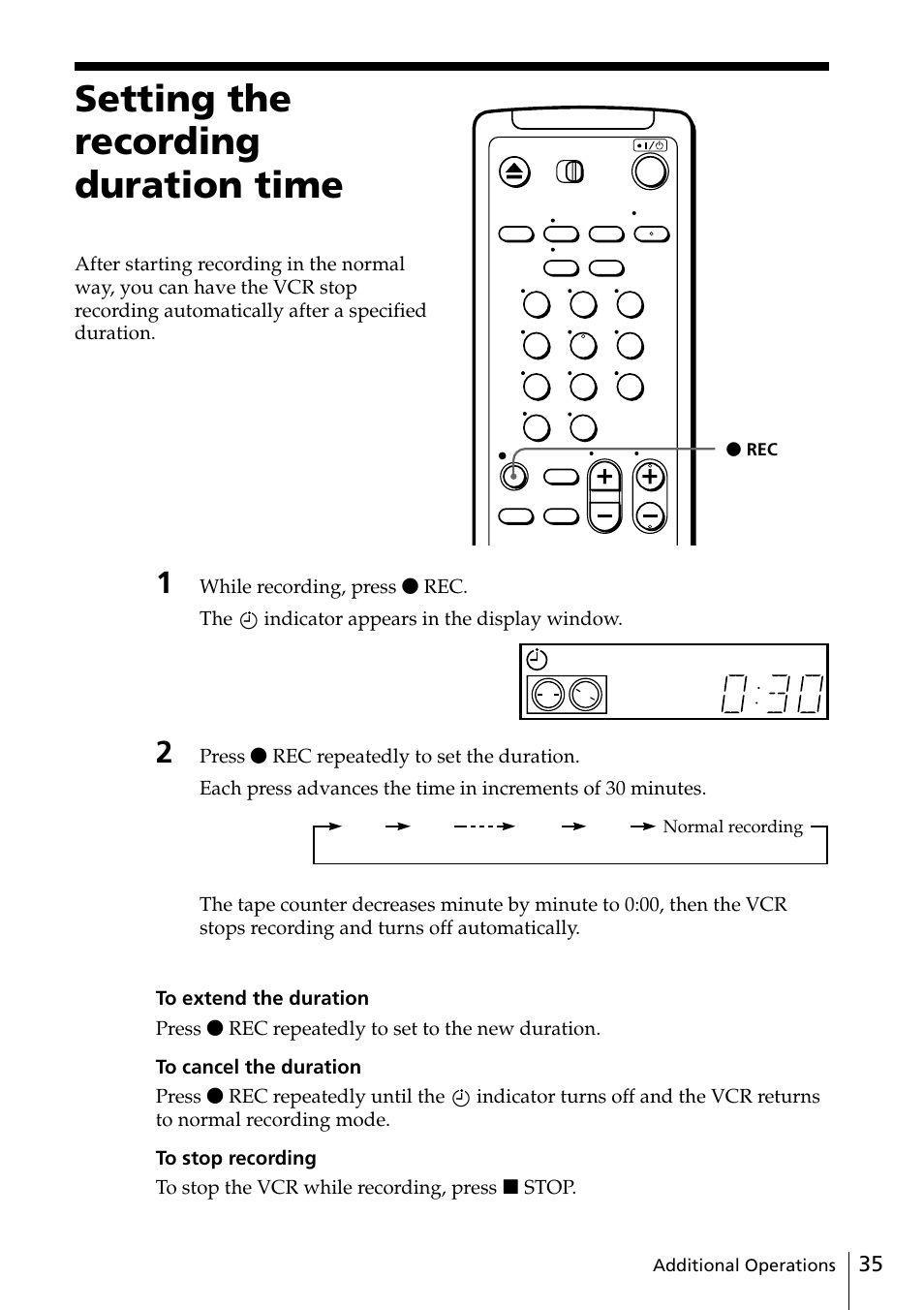 Setting the recording duration time, 35 setting the recording duration, Time | Sony SLV-ED88ME User Manual | Page 35 / 60