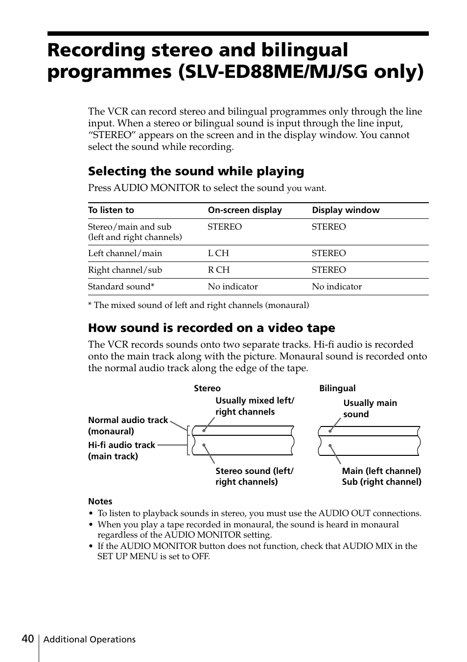 40 recording stereo and bilingual, Programmes (slv-ed88me/mj/ sg only), Selecting the sound while playing | How sound is recorded on a video tape | Sony SLV-ED88ME User Manual | Page 40 / 60