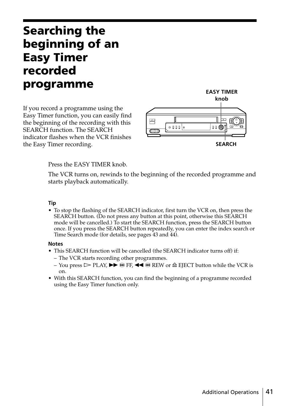 41 searching the beginning of an, Easy timer recorded programme | Sony SLV-ED88ME User Manual | Page 41 / 60
