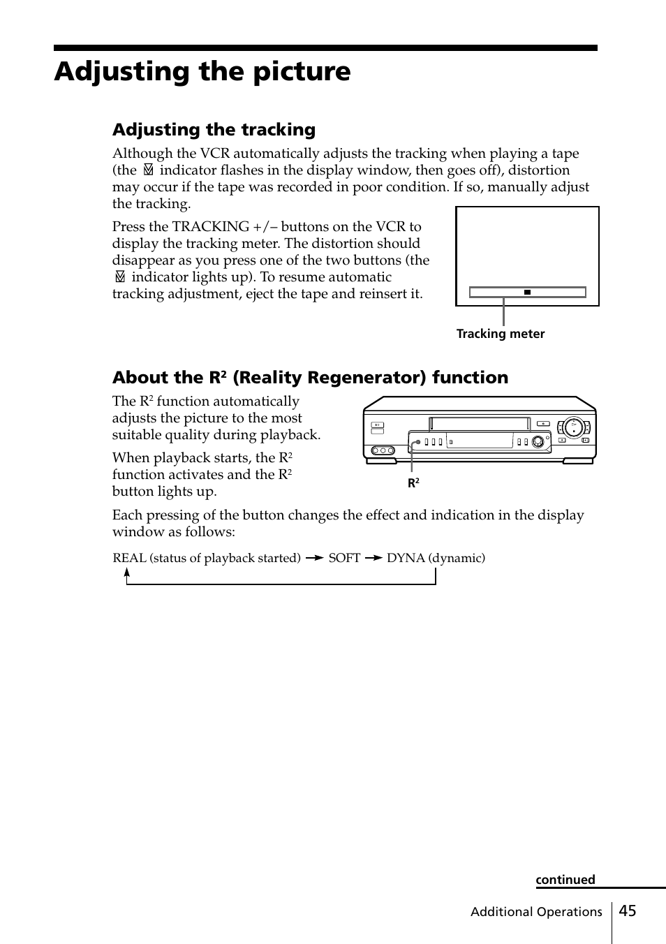 Adjusting the picture, 45 adjusting the picture, About the r | Reality regenerator) function, Adjusting the tracking | Sony SLV-ED88ME User Manual | Page 45 / 60