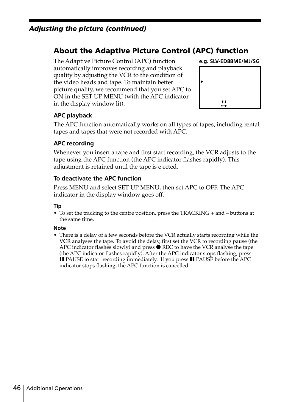 About the adaptive picture control (apc) function, Adjusting the picture (continued) | Sony SLV-ED88ME User Manual | Page 46 / 60