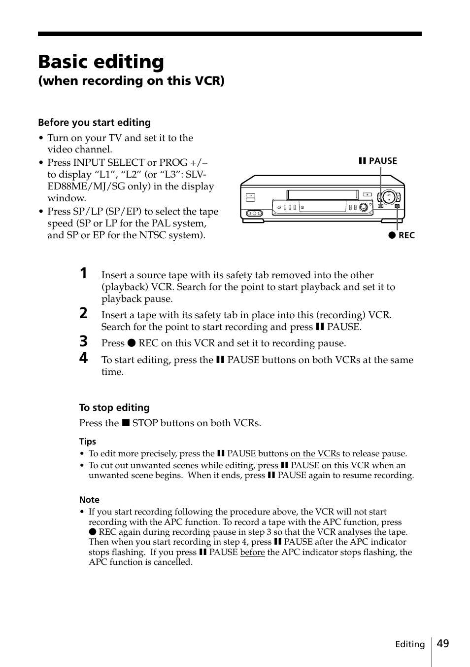 Basic editing, 49 basic editing | Sony SLV-ED88ME User Manual | Page 49 / 60