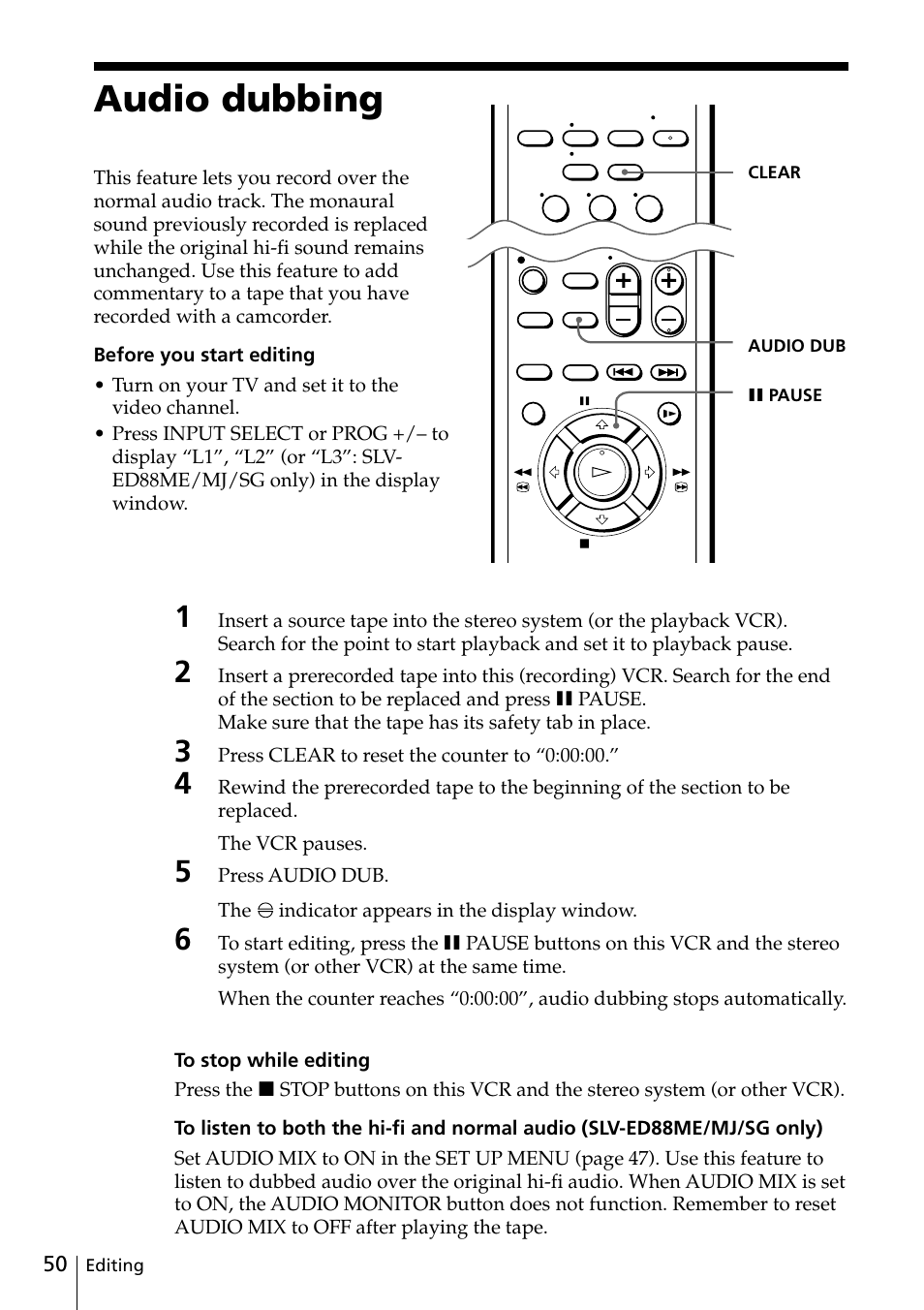 Audio dubbing, 50 audio dubbing | Sony SLV-ED88ME User Manual | Page 50 / 60