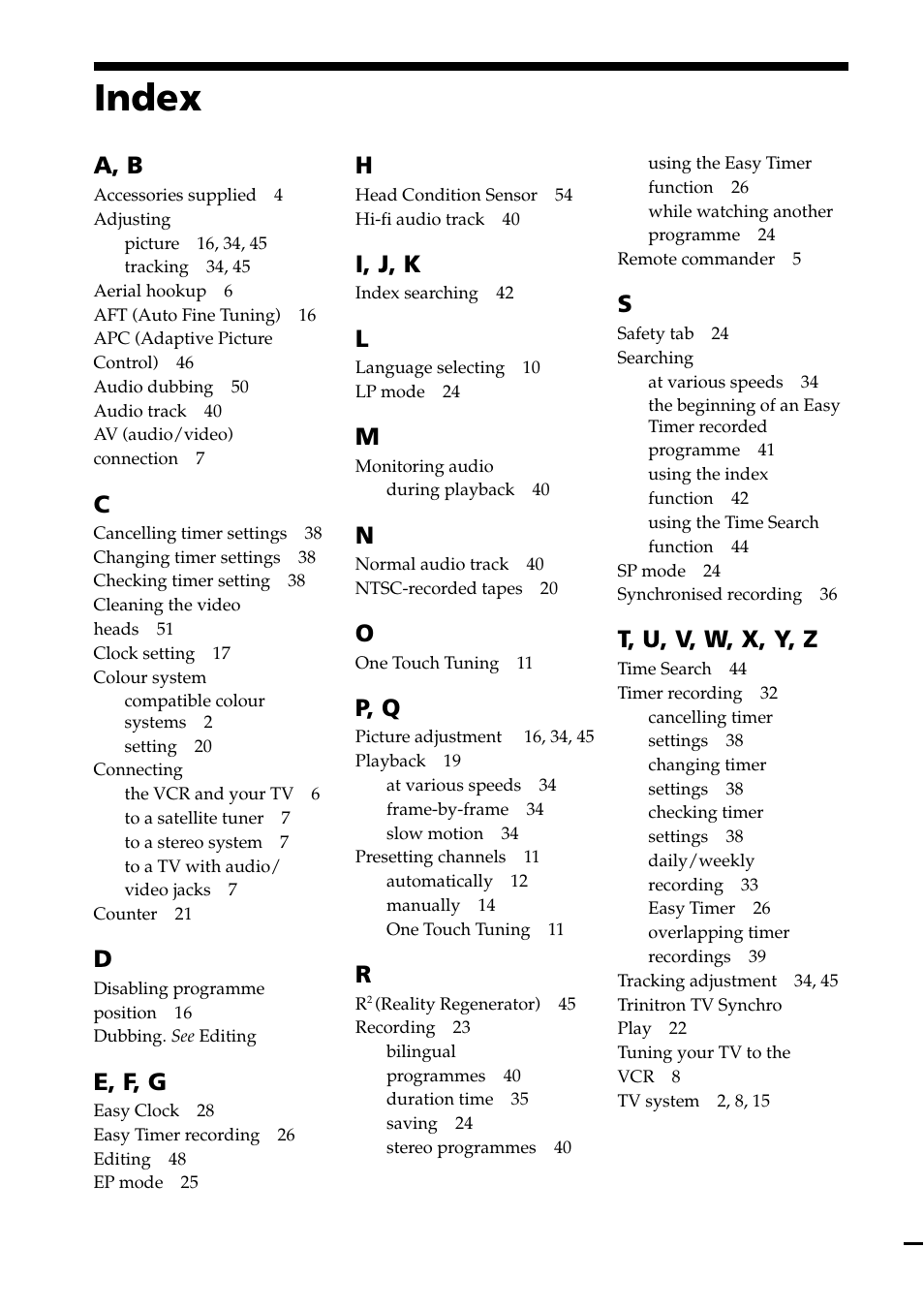 Index, A, b, E, f, g | I, j, k, P, q, T, u, v, w, x, y, z | Sony SLV-ED88ME User Manual | Page 60 / 60