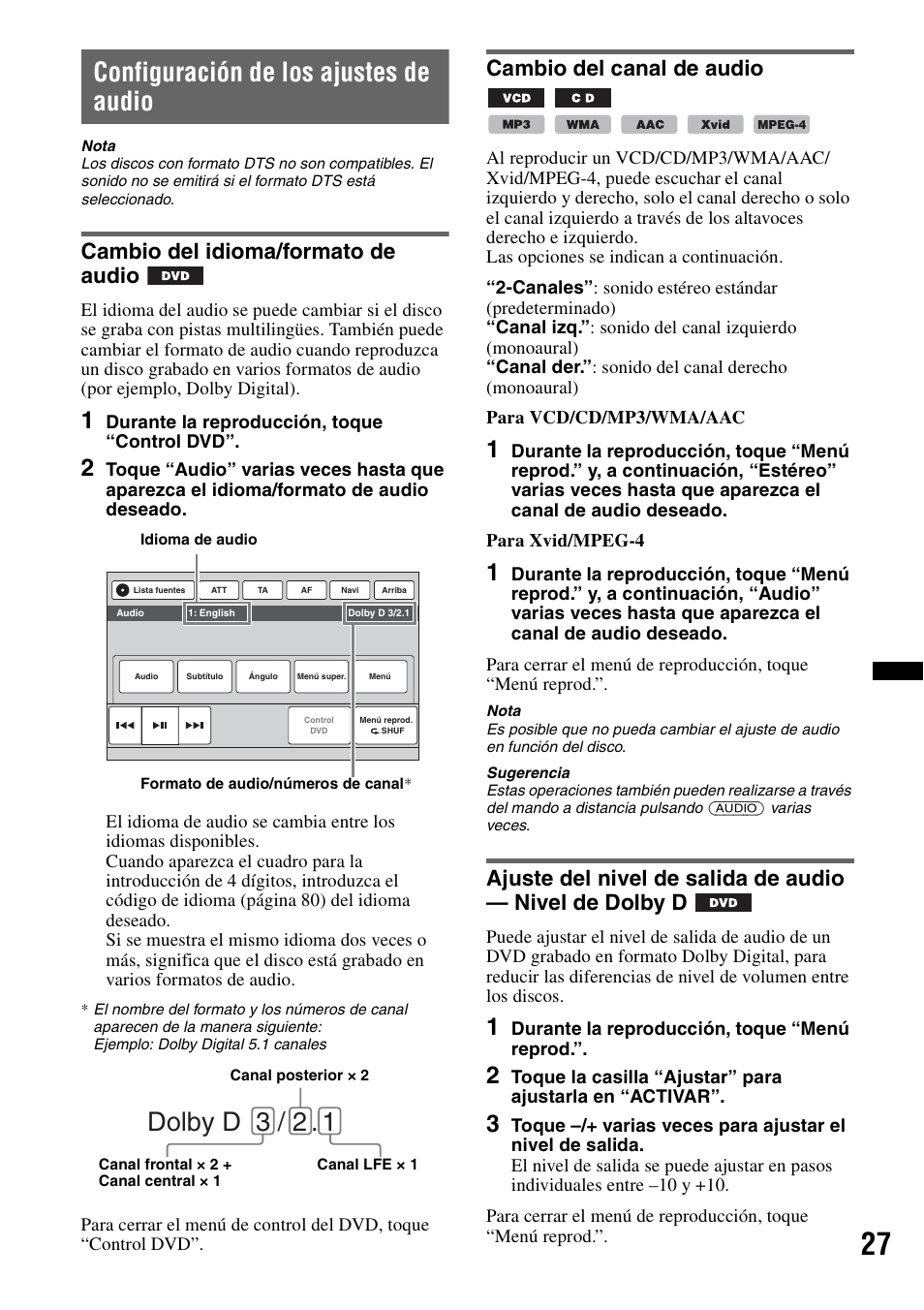 Configuración de los ajustes de audio, Cambio del idioma/formato de audio, Cambio del canal de audio | Dolby d 3 / 2 | Sony XNV-L66BT User Manual | Page 103 / 248