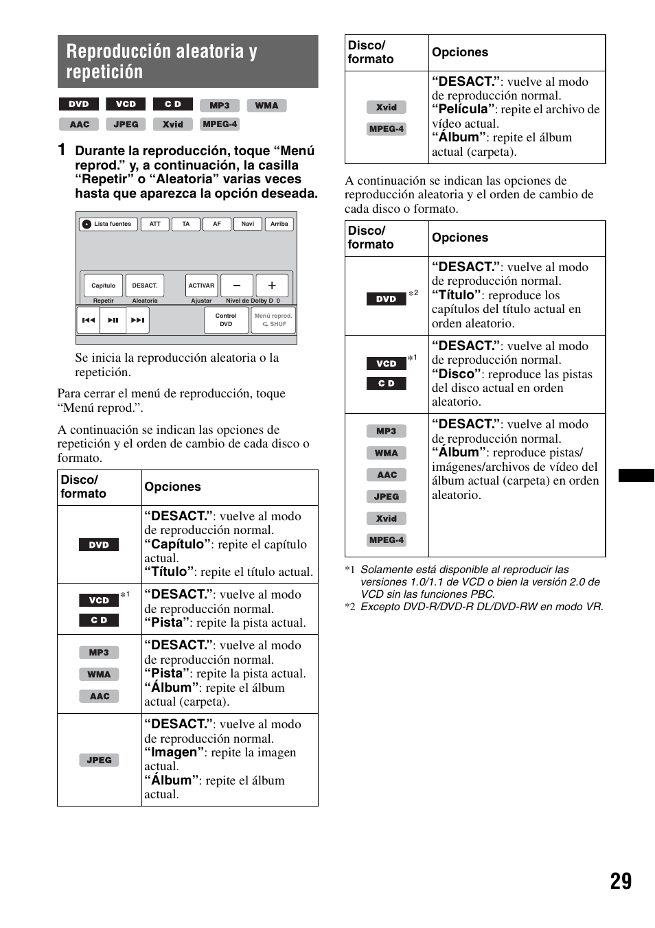 Reproducción aleatoria y repetición | Sony XNV-L66BT User Manual | Page 105 / 248