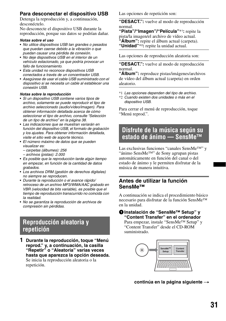 Reproducción aleatoria y repetición, Antes de utilizar la función sensme, Para desconectar el dispositivo usb | Sony XNV-L66BT User Manual | Page 107 / 248