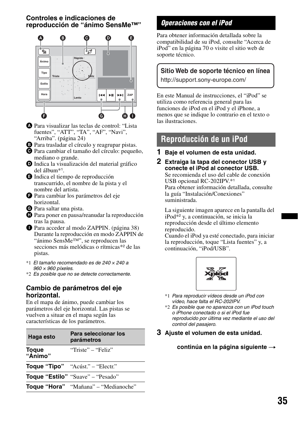 Operaciones con el ipod, Reproducción de un ipod, Cambio de parámetros del eje horizontal | Sitio web de soporte técnico en línea | Sony XNV-L66BT User Manual | Page 111 / 248