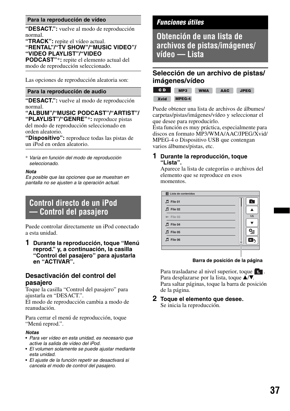 Control directo de un ipod - control del pasajero, Funciones útiles, Selección de un archivo de pistas/imágenes/vídeo | Control directo de un ipod — control del pasajero, Selección de un archivo de pistas/imágenes/ vídeo, Selección de un archivo de pistas/ imágenes/vídeo, Desactivación del control del pasajero | Sony XNV-L66BT User Manual | Page 113 / 248