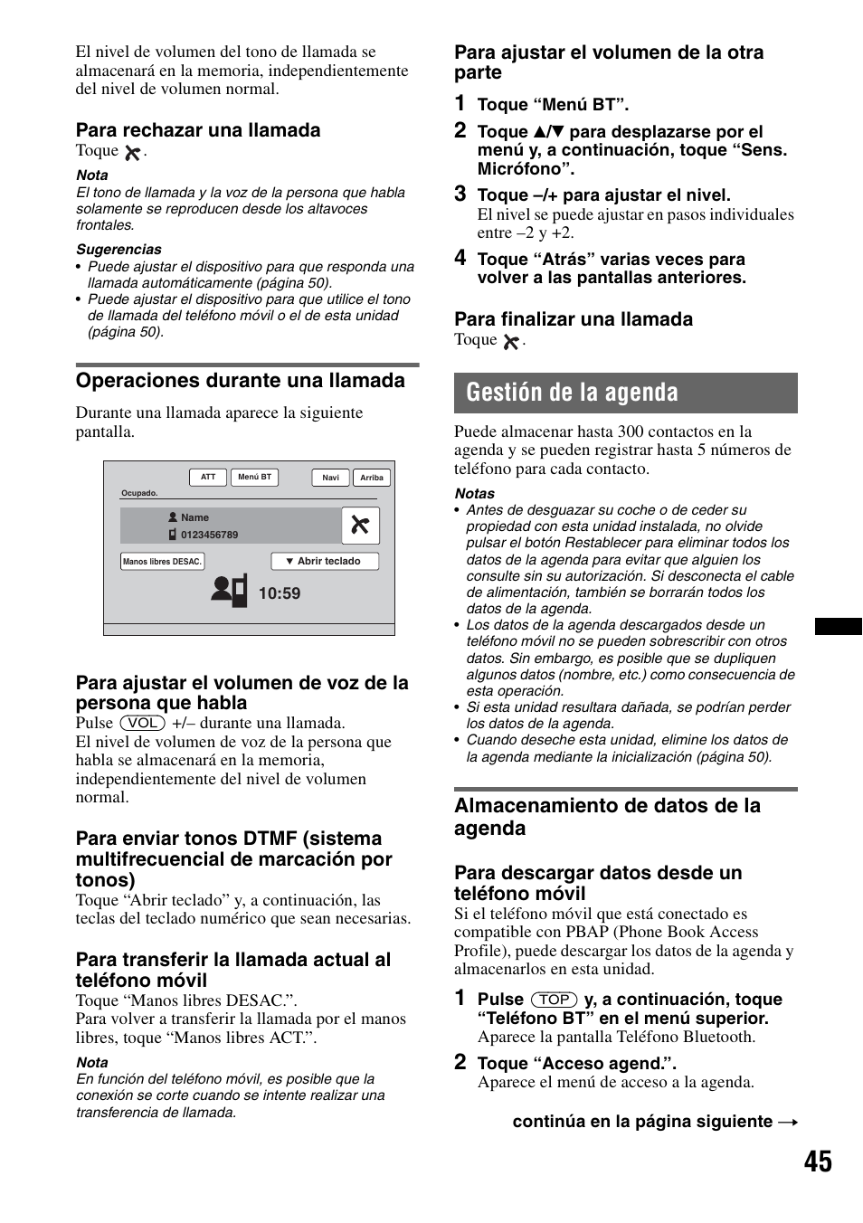 Operaciones durante una llamada, Gestión de la agenda, Almacenamiento de datos de la agenda | Sony XNV-L66BT User Manual | Page 121 / 248