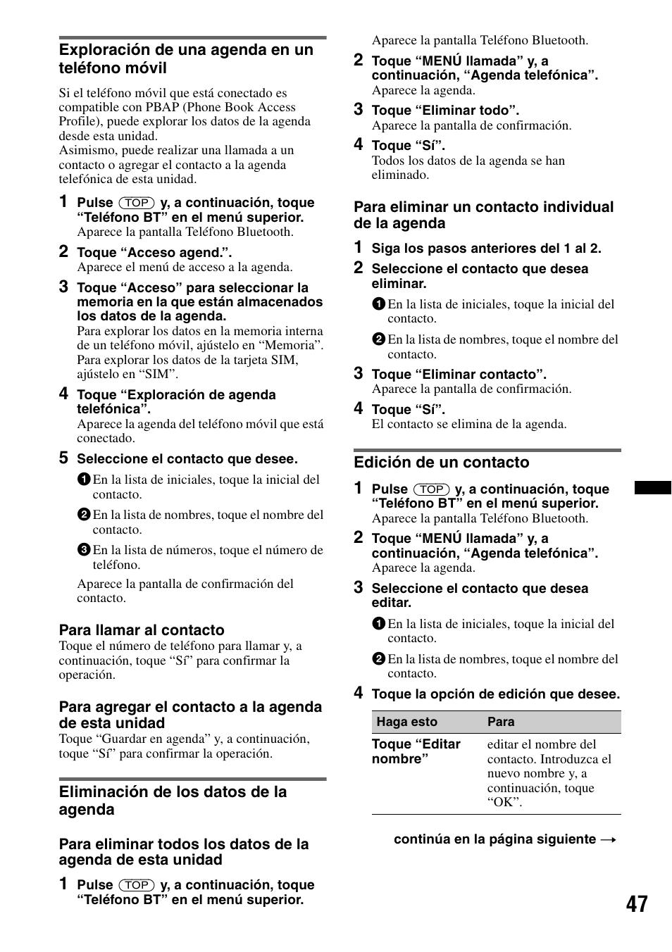 Exploración de una agenda en un teléfono móvil, Eliminación de los datos de la agenda, Edición de un contacto | Sony XNV-L66BT User Manual | Page 123 / 248