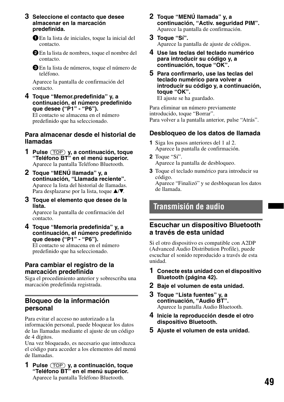 Bloqueo de la información personal, Transmisión de audio | Sony XNV-L66BT User Manual | Page 125 / 248