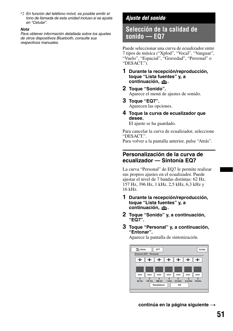 Ajuste del sonido, Selección de la calidad de sonido - eq7, Selección de la calidad de sonido — eq7 | Toque “eq7”. aparecen las opciones, Toque “sonido” y, a continuación, “eq7 | Sony XNV-L66BT User Manual | Page 127 / 248