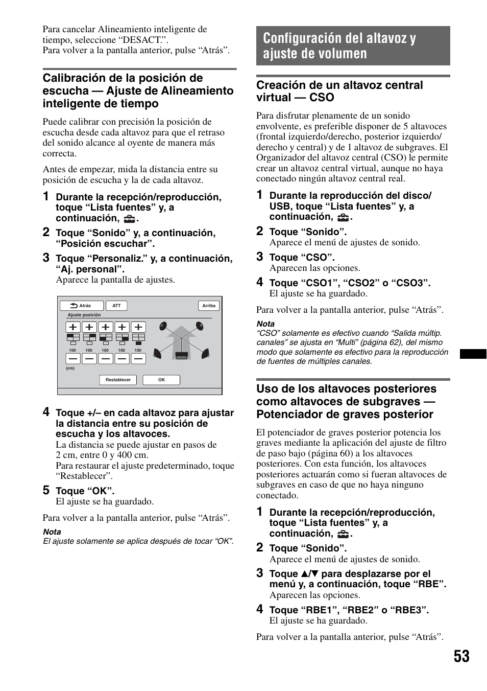 Configuración del altavoz y ajuste de volumen, Creación de un altavoz central virtual - cso, Creación de un altavoz central virtual — cso | Sony XNV-L66BT User Manual | Page 129 / 248