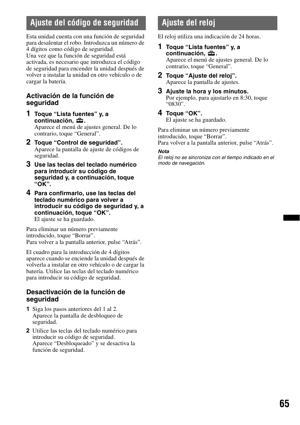 Ajuste del código de seguridad, Ajuste del reloj | Sony XNV-L66BT User Manual | Page 141 / 248