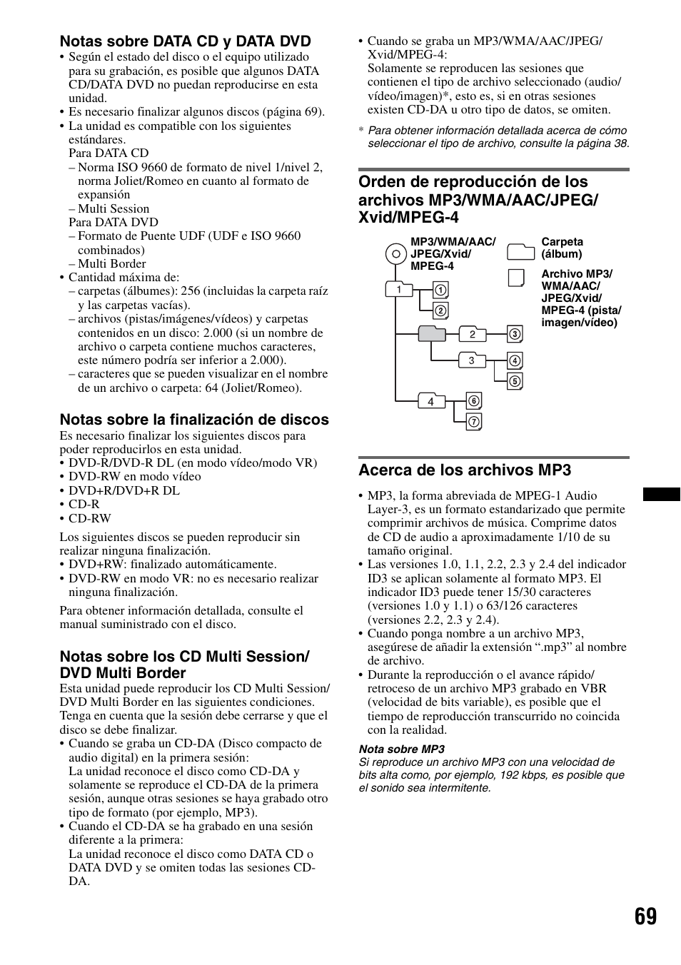 Acerca de los archivos mp3, Notas sobre data cd y data dvd, Notas sobre la finalización de discos | Notas sobre los cd multi session/ dvd multi border | Sony XNV-L66BT User Manual | Page 145 / 248