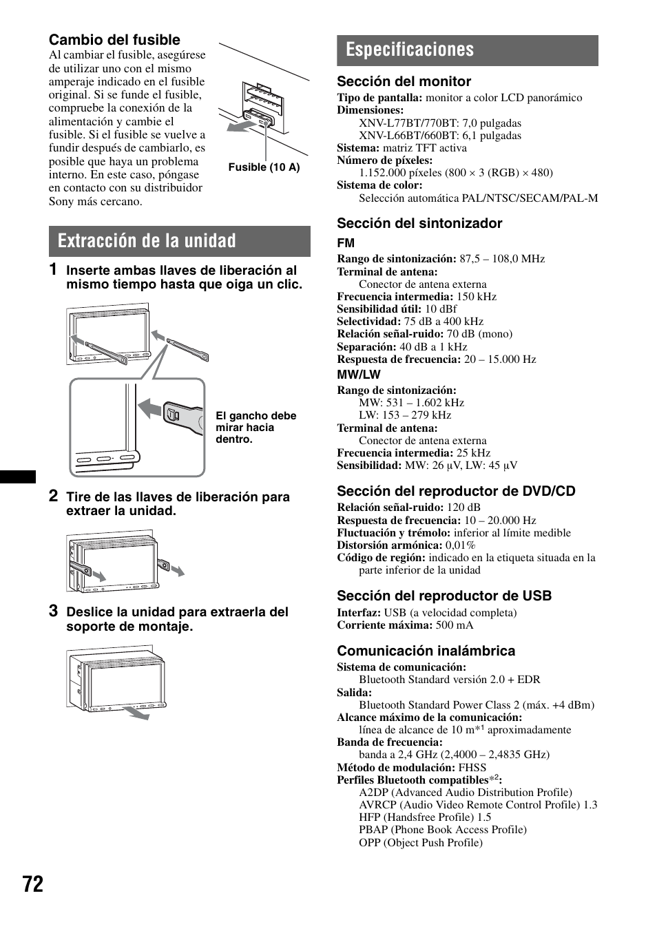 Extracción de la unidad, Especificaciones | Sony XNV-L66BT User Manual | Page 148 / 248