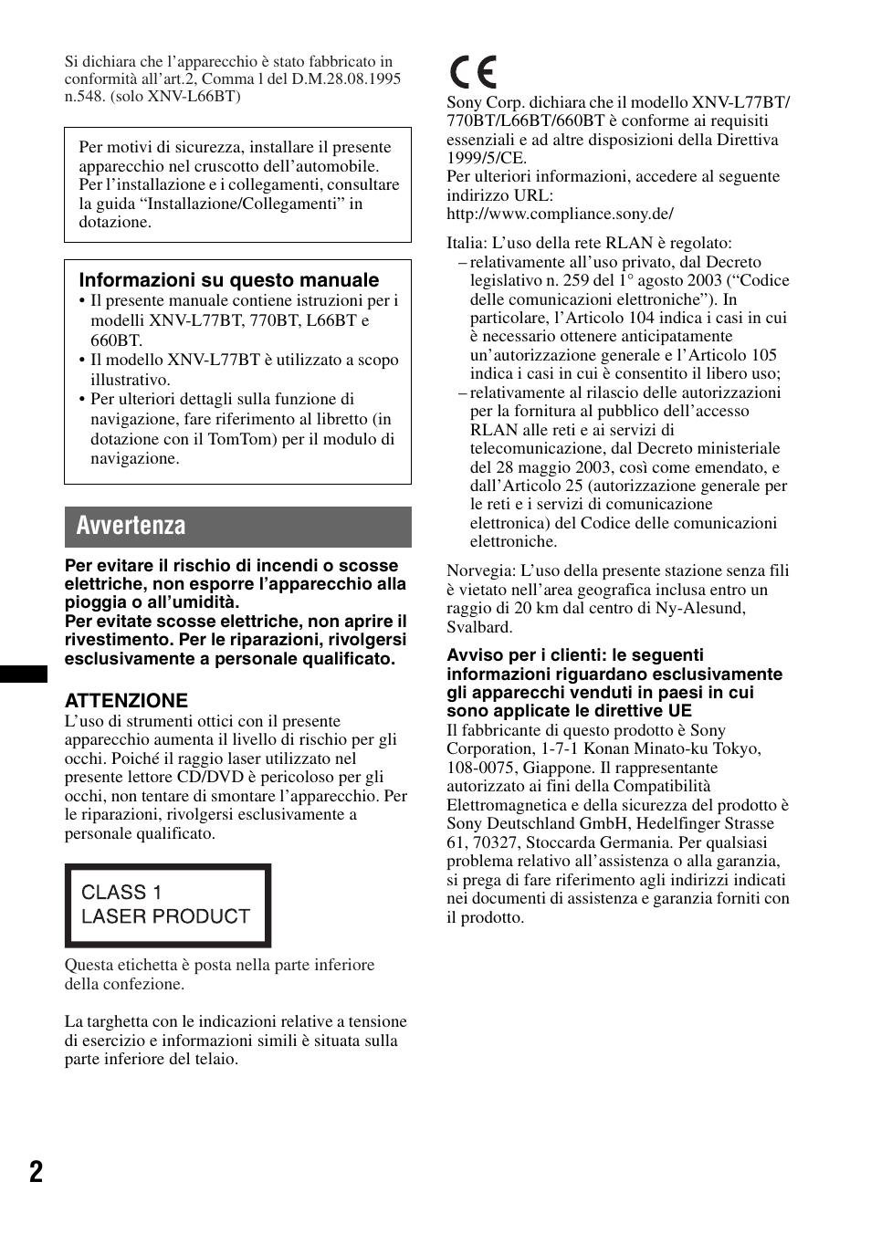 Avvertenza | Sony XNV-L66BT User Manual | Page 160 / 248