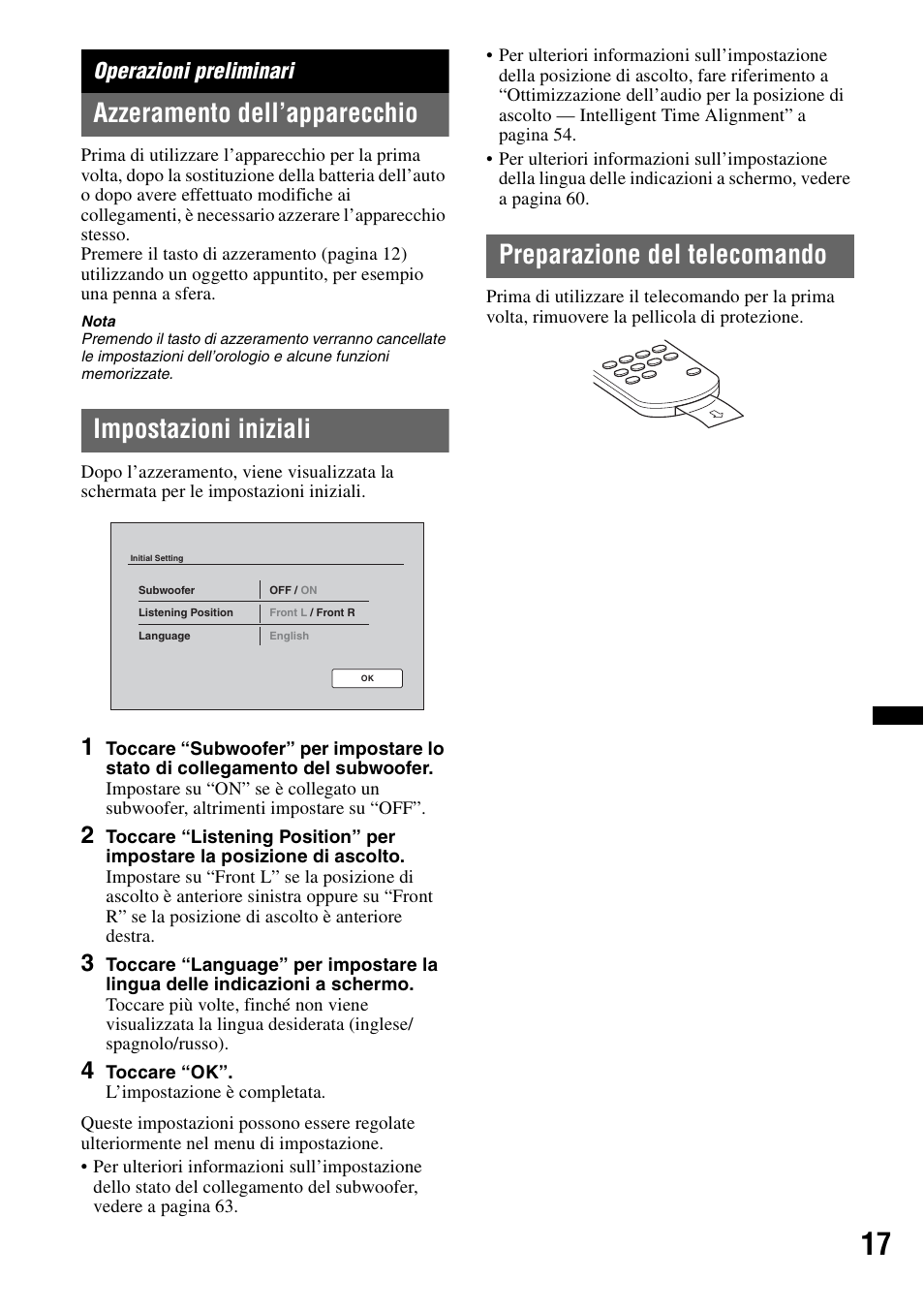 Operazioni preliminari, Azzeramento dell’apparecchio, Impostazioni iniziali | Preparazione del telecomando | Sony XNV-L66BT User Manual | Page 175 / 248