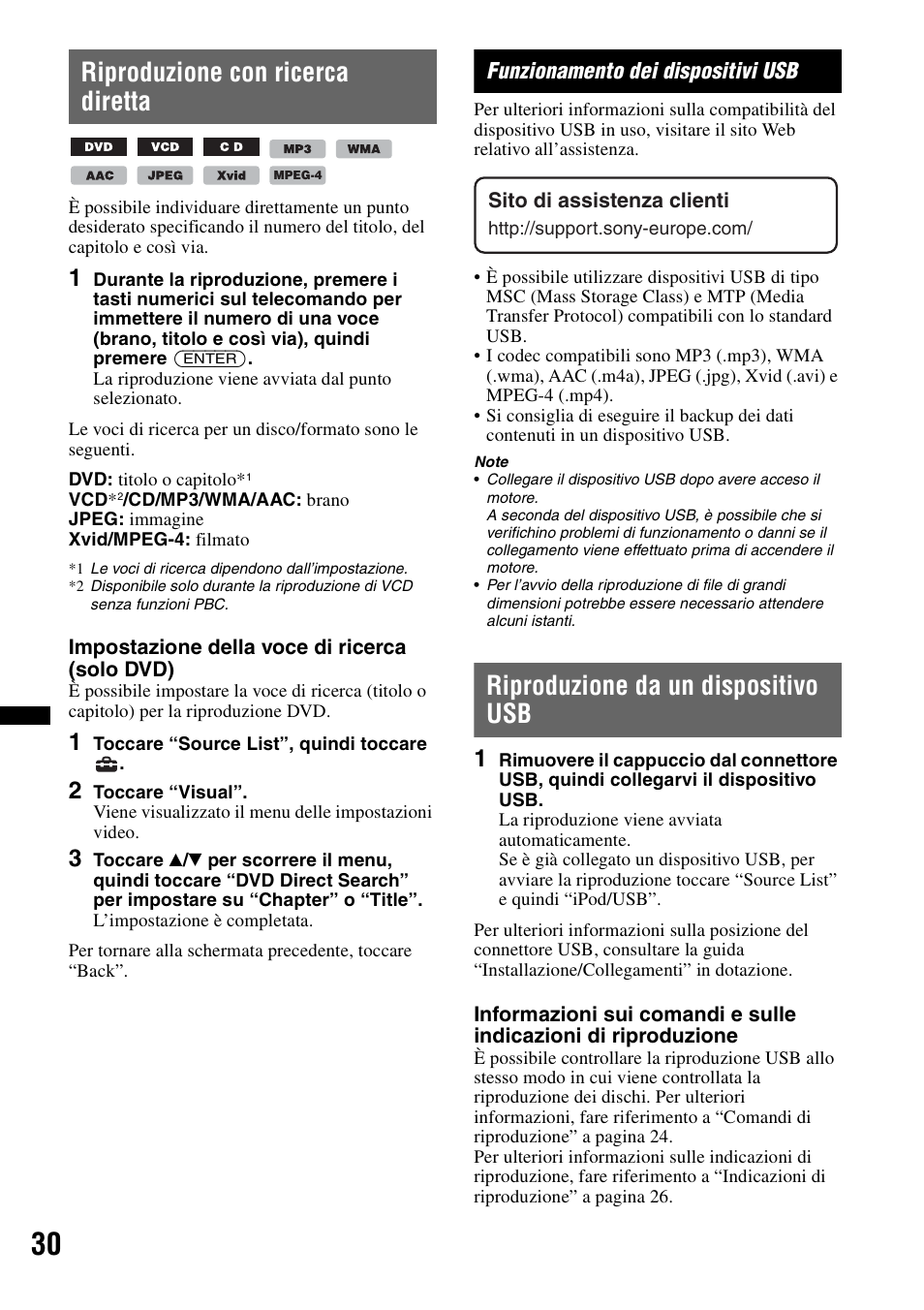 Riproduzione con ricerca diretta, Funzionamento dei dispositivi usb, Riproduzione da un dispositivo usb | Sony XNV-L66BT User Manual | Page 188 / 248