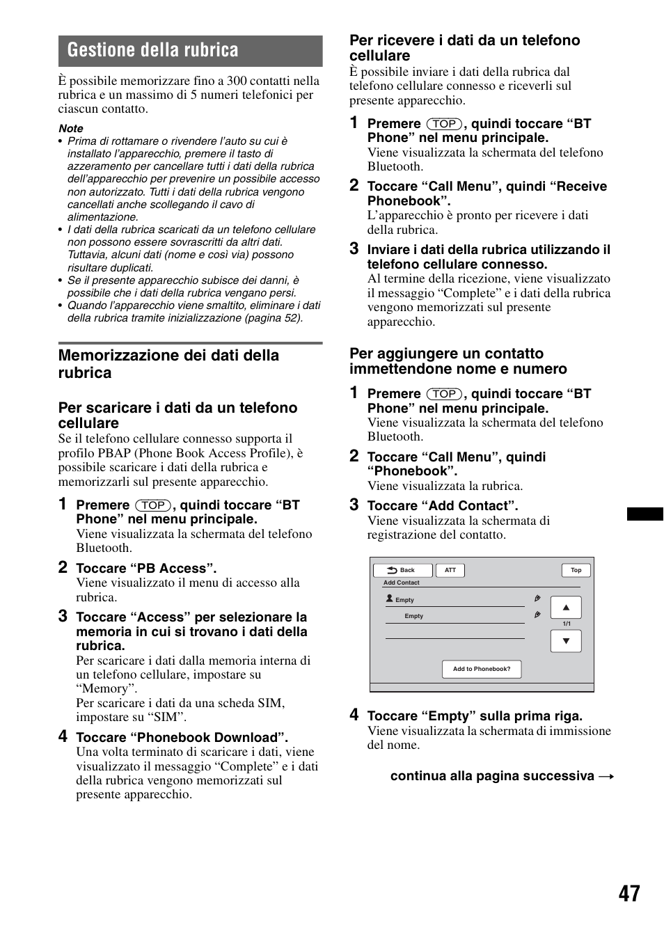 Gestione della rubrica, Memorizzazione dei dati della rubrica | Sony XNV-L66BT User Manual | Page 205 / 248