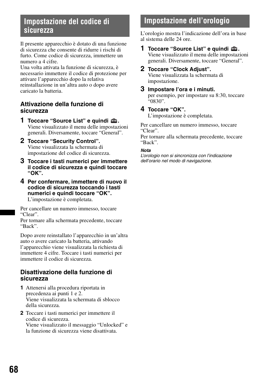 Impostazione del codice di sicurezza, Impostazione dell’orologio | Sony XNV-L66BT User Manual | Page 226 / 248