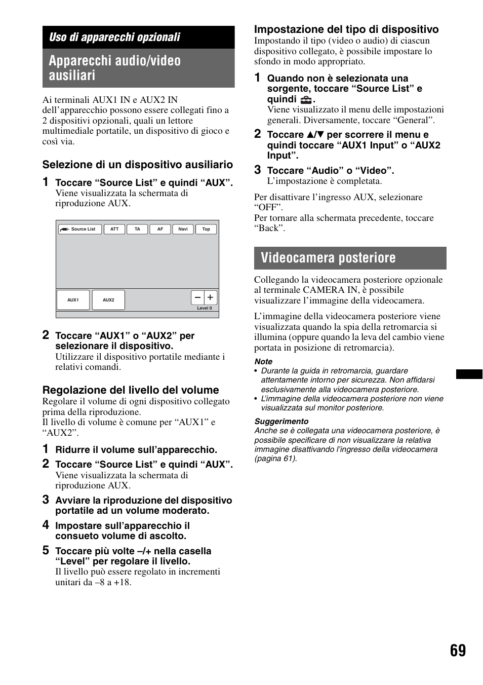 Uso di apparecchi opzionali, Apparecchi audio/video ausiliari, Videocamera posteriore | Sony XNV-L66BT User Manual | Page 227 / 248