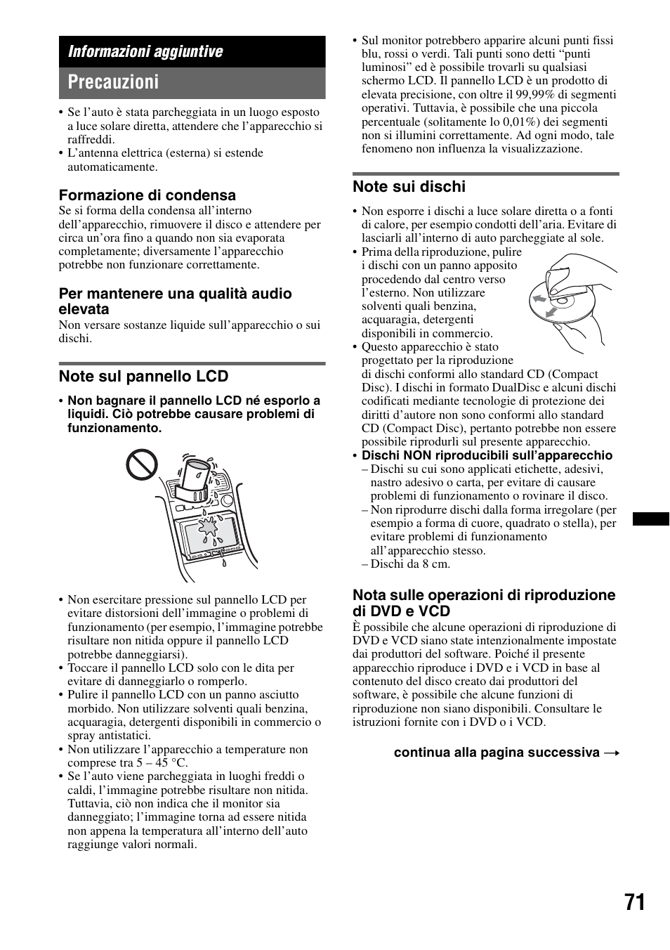 Informazioni aggiuntive, Precauzioni, Note sul pannello lcd | Note sui dischi, Note sul pannello lcd note sui dischi | Sony XNV-L66BT User Manual | Page 229 / 248