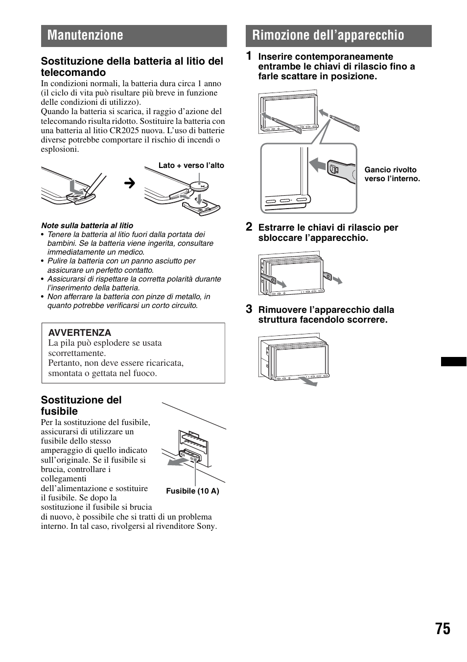 Manutenzione, Rimozione dell’apparecchio | Sony XNV-L66BT User Manual | Page 233 / 248