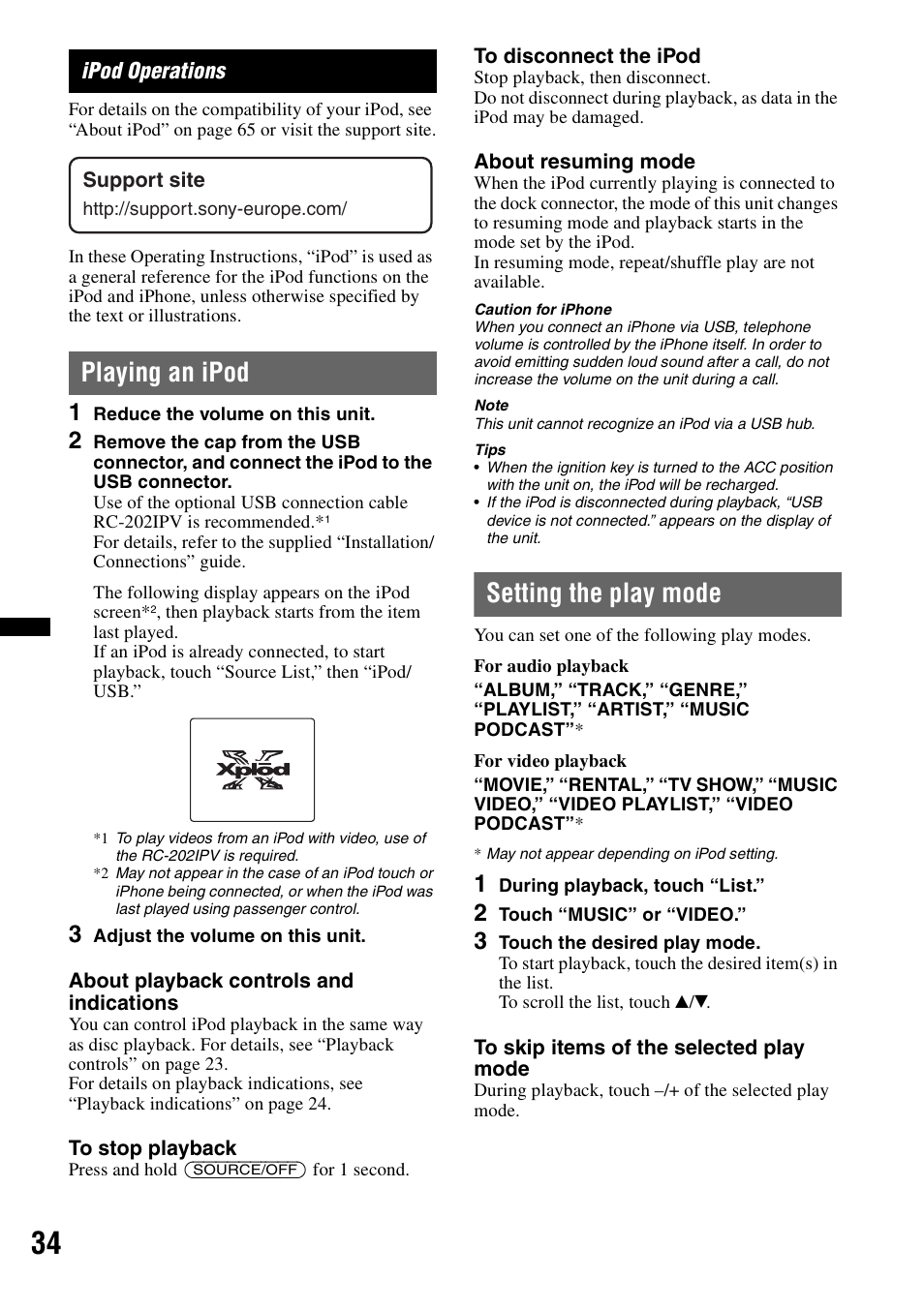 Ipod operations, Playing an ipod, Setting the play mode | Sony XNV-L66BT User Manual | Page 34 / 248