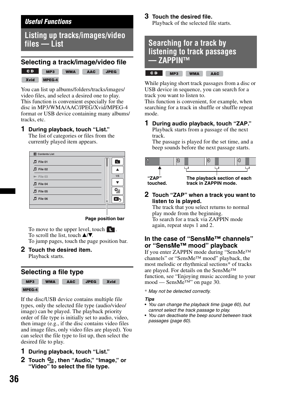 Useful functions, Listing up tracks/images/video files - list, Selecting a track/image/video file | Selecting a file type, Listing up tracks/images/video files — list | Sony XNV-L66BT User Manual | Page 36 / 248