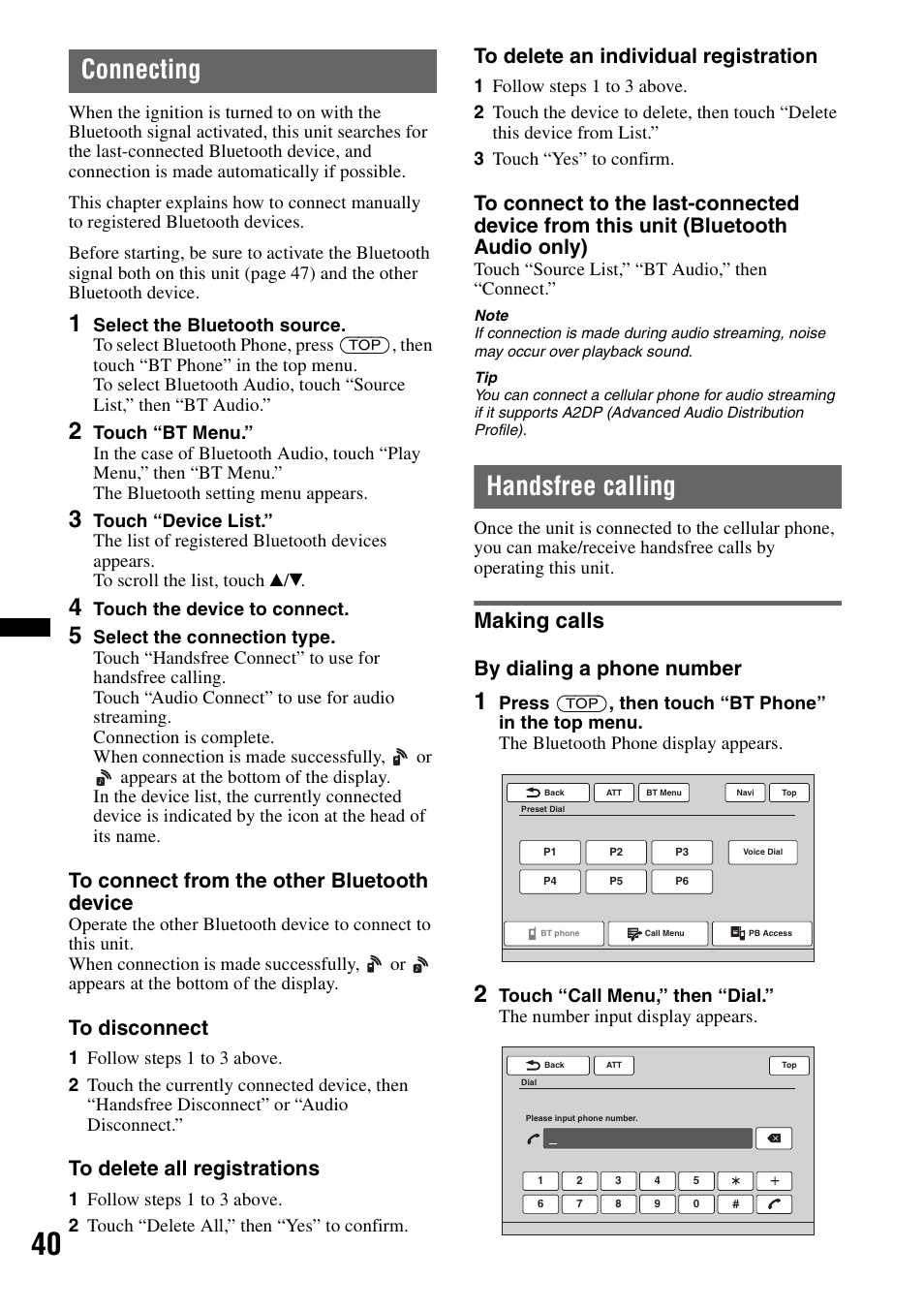 Connecting, Handsfree calling, Making calls | By dialing a phone number | Sony XNV-L66BT User Manual | Page 40 / 248