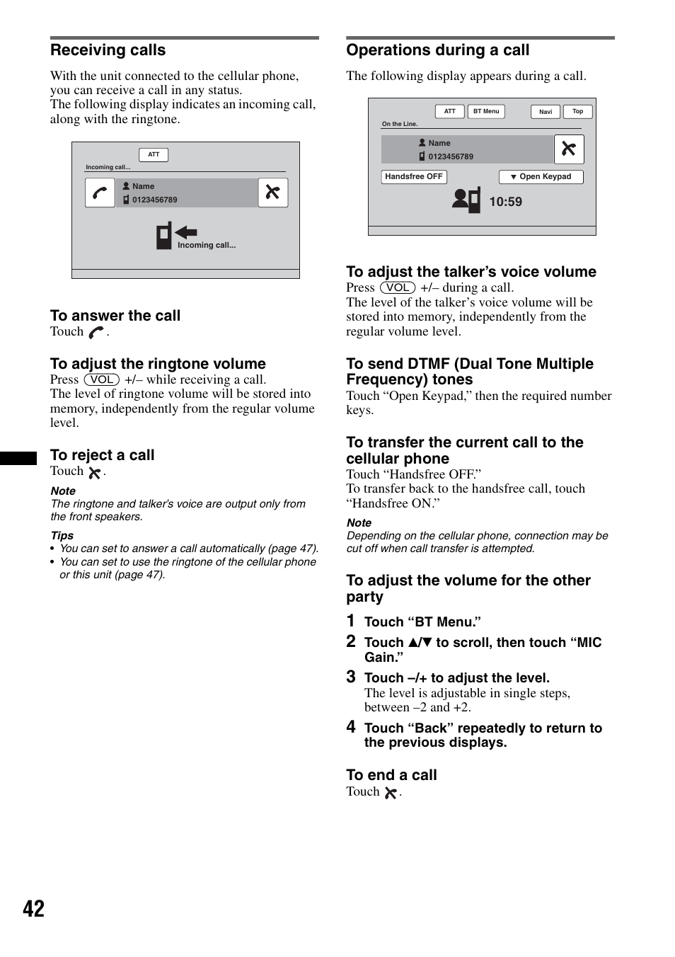 Receiving calls, Operations during a call, Receiving calls operations during a call | Sony XNV-L66BT User Manual | Page 42 / 248