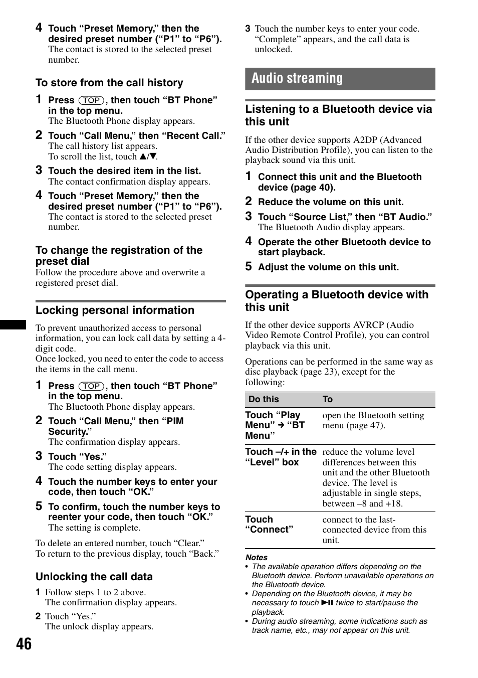 Locking personal information, Audio streaming, Listening to a bluetooth device via this unit | Operating a bluetooth device with this unit | Sony XNV-L66BT User Manual | Page 46 / 248