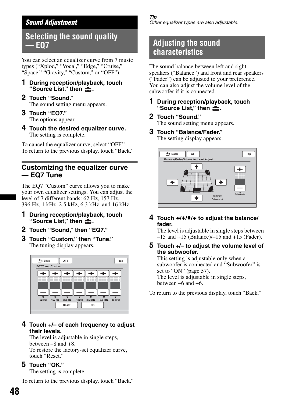 Sound adjustment, Selecting the sound quality - eq7, Customizing the equalizer curve - eq7 tune | Adjusting the sound characteristics, Selecting the sound quality — eq7, Customizing the equalizer curve — eq7 tune | Sony XNV-L66BT User Manual | Page 48 / 248