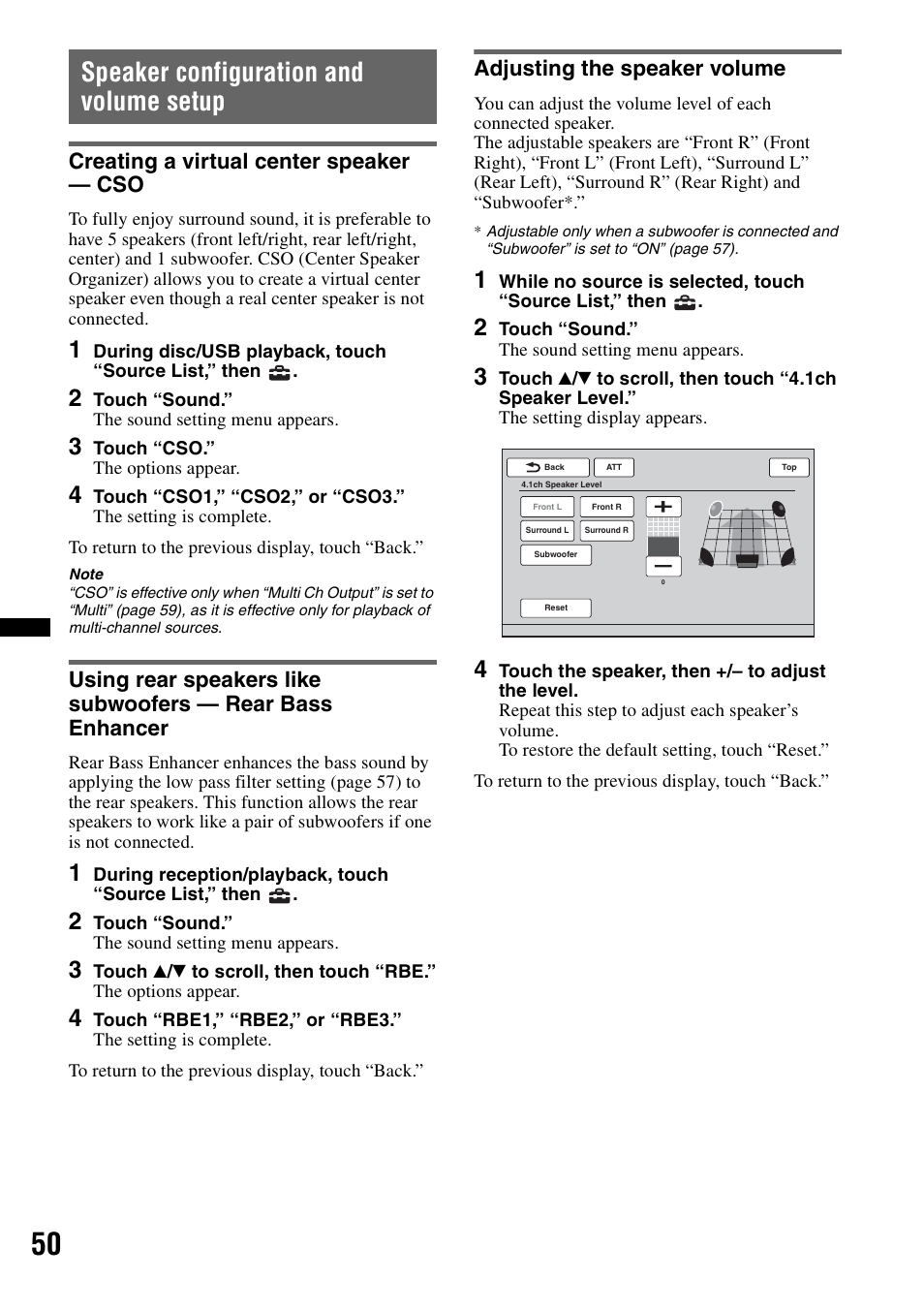 Speaker configuration and volume setup, Creating a virtual center speaker - cso, Adjusting the speaker volume | Creating a virtual center speaker — cso | Sony XNV-L66BT User Manual | Page 50 / 248