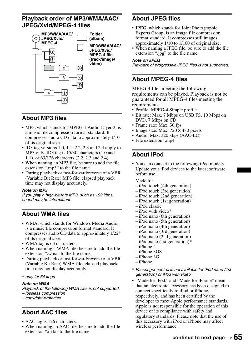 About mp3 files, About wma files, About aac files | About jpeg files, About mpeg-4 files, About ipod | Sony XNV-L66BT User Manual | Page 65 / 248