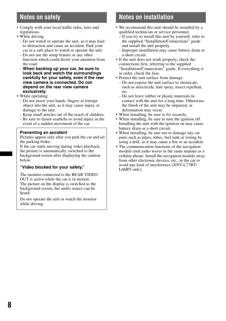 Notes on safety, Notes on installation | Sony XNV-L66BT User Manual | Page 8 / 248