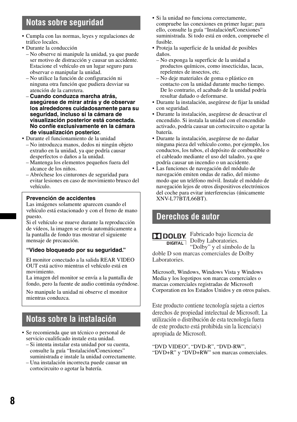 Notas sobre seguridad, Notas sobre la instalación, Derechos de autor | Sony XNV-L66BT User Manual | Page 84 / 248