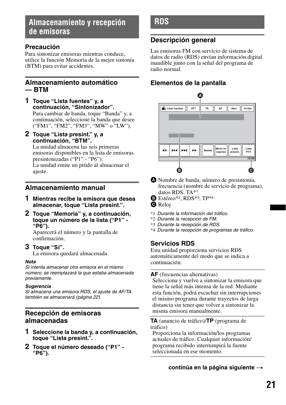 Almacenamiento y recepción de emisoras, Almacenamiento automático - btm, Almacenamiento manual | Recepción de emisoras almacenadas, Descripción general, Almacenamiento automático — btm, Precaución, Elementos de la pantalla, Servicios rds | Sony XNV-L66BT User Manual | Page 97 / 248