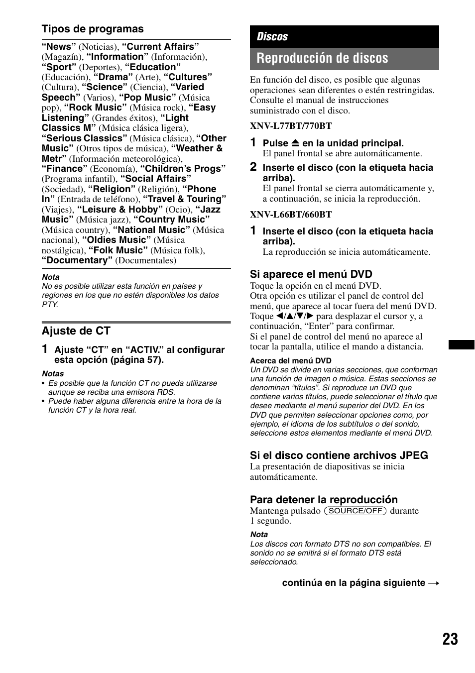 Ajuste de ct, Discos, Reproducción de discos | Sony XNV-L66BT User Manual | Page 99 / 248