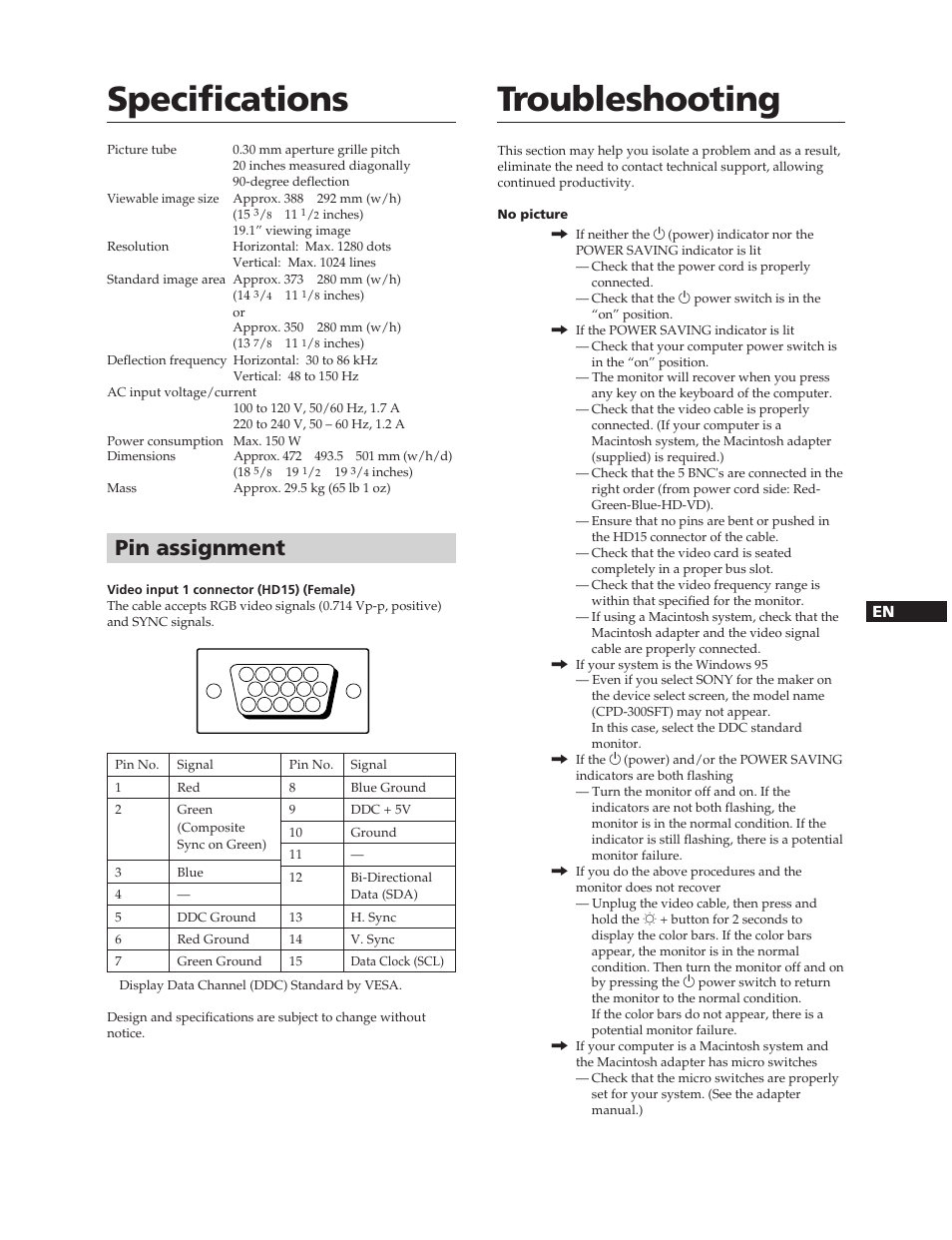 Troubleshooting, Specifications, Pin assignment | Sony CPD-300SFT User Manual | Page 11 / 33