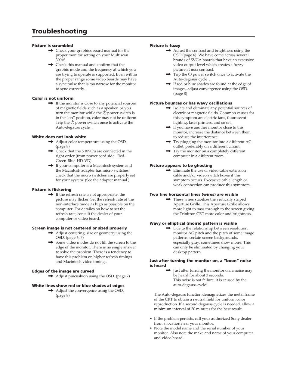 Troubleshooting | Sony CPD-300SFT User Manual | Page 12 / 33