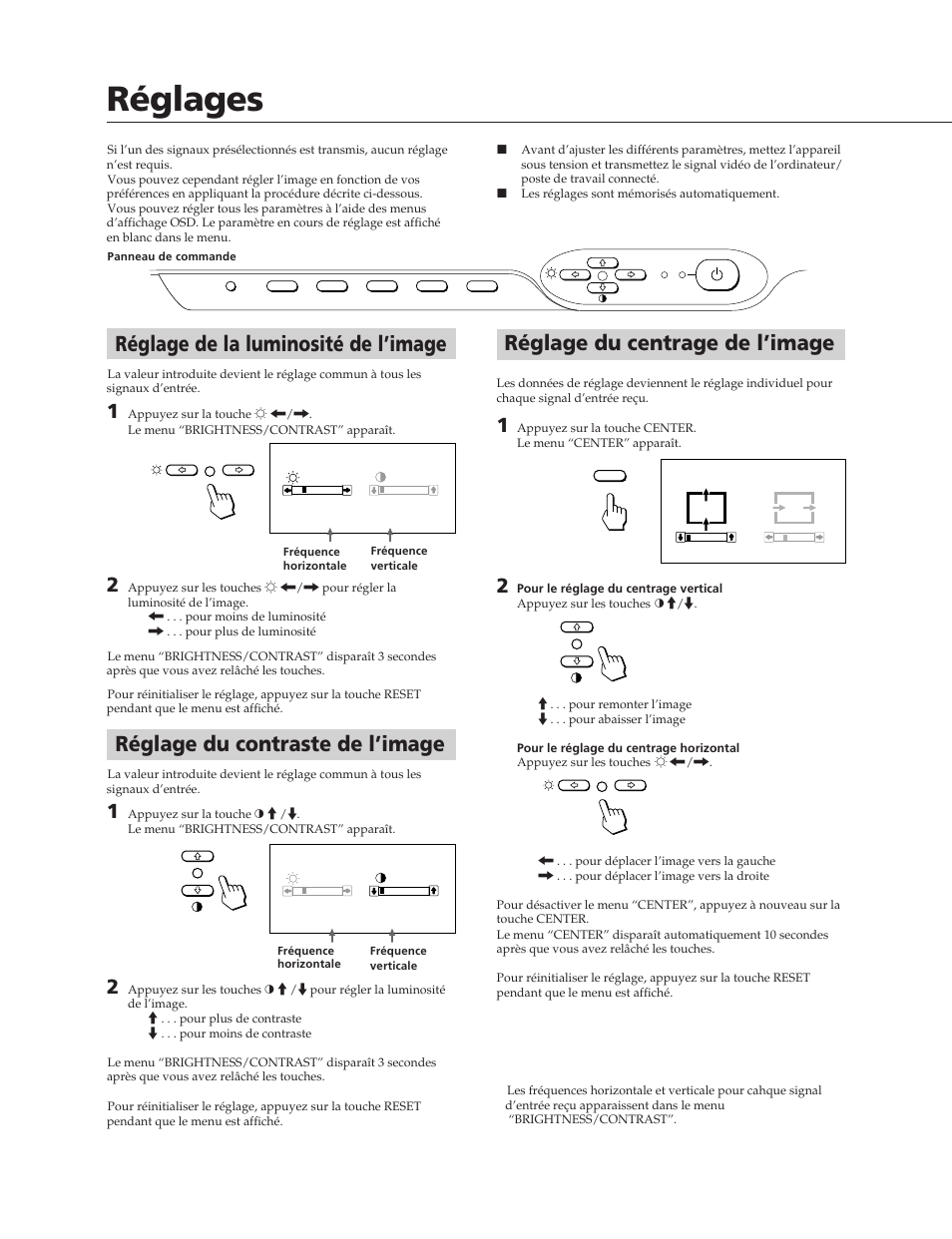 Réglages, Réglage du contraste de l’image, Réglage de la luminosité de l’image | Réglage du centrage de l’image | Sony CPD-300SFT User Manual | Page 16 / 33