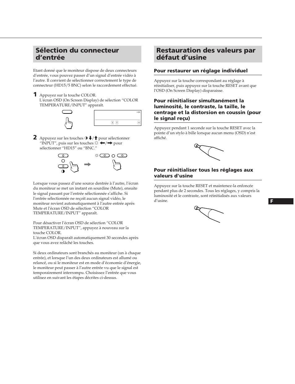 Restauration des valeurs par défaut d’usine, Sélection du connecteur d‘entrée | Sony CPD-300SFT User Manual | Page 19 / 33